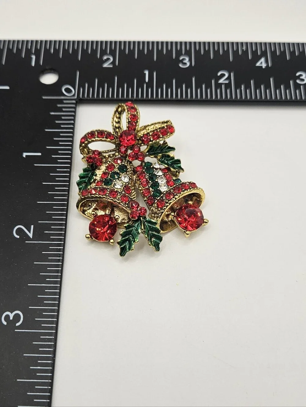 Vintage Christmas Bells Trembler Brooch Pin Moving Clapper Rhinestone Bow Jewelr